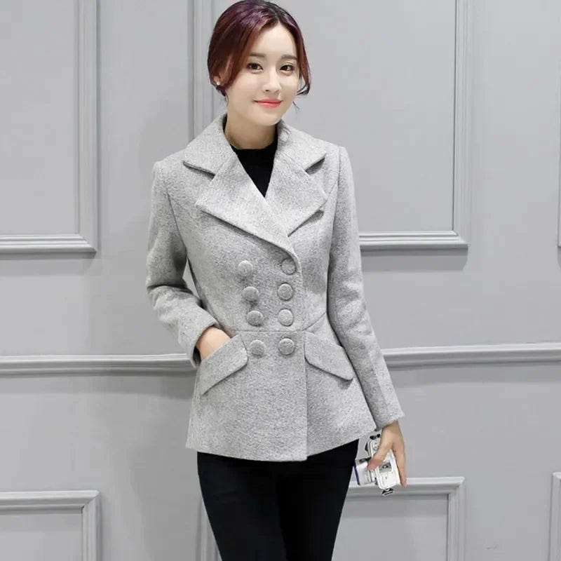 Outerwear Double breasted lapel Blazer Woolen Coat Women T89