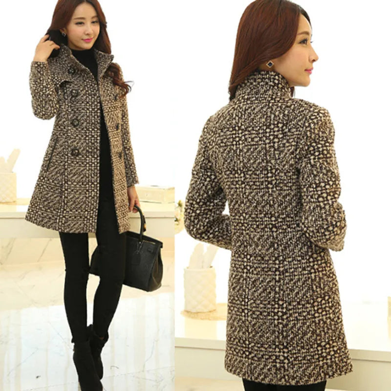 Elegant Turtleneck Plaid Slim Long Tweed Woolen