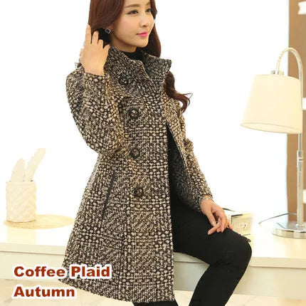 Elegant Turtleneck Plaid Slim Long Tweed Woolen