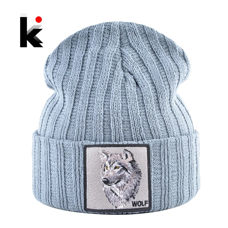 Men's Beanie With Wolf Patch Autumn Knitted Skullies Caps Women Winter Soft Knit Bonnet Beanies Fashion Hip Hop Gorras Hats