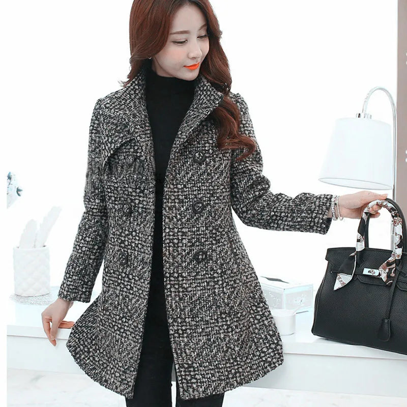 Elegant Turtleneck Plaid Slim Long Tweed Woolen