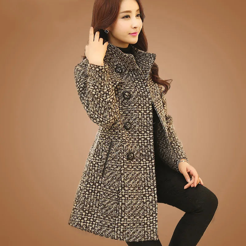 Elegant Turtleneck Plaid Slim Long Tweed Woolen