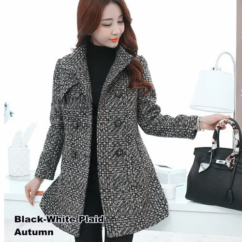 Elegant Turtleneck Plaid Slim Long Tweed Woolen