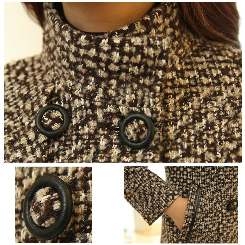 Elegant Turtleneck Plaid Slim Long Tweed Woolen