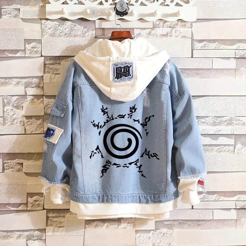 Anime Naruto Denim Bomber Jacket Sasuke Hooded Jeans Sweatshirt