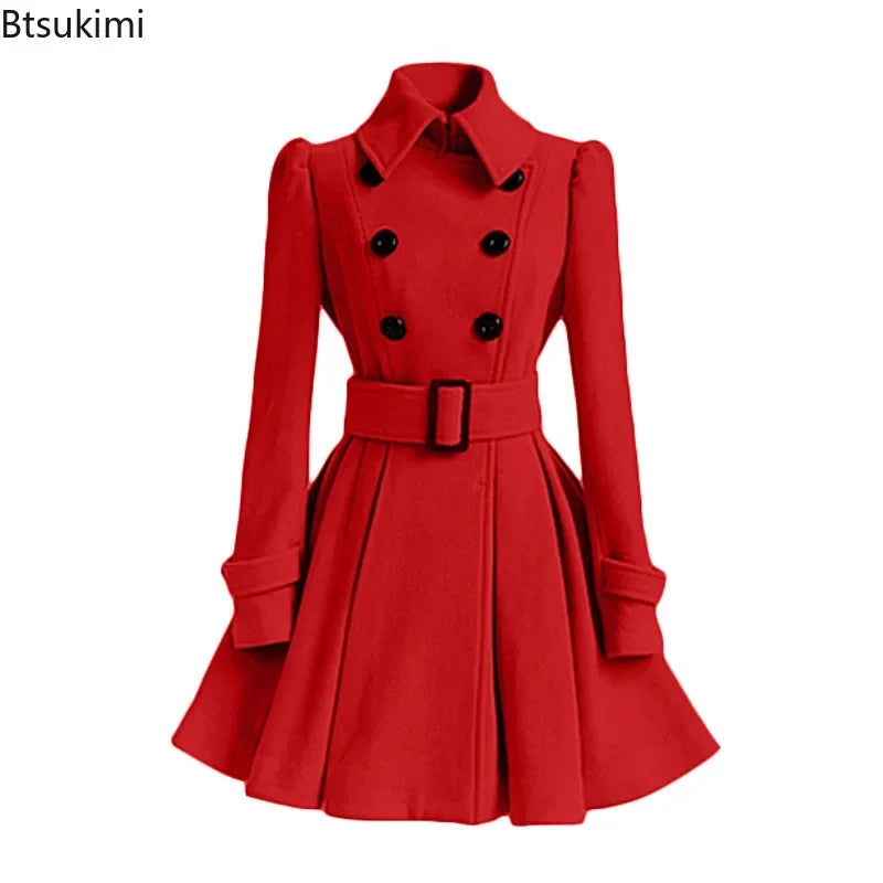 Overcoat Jacket Warm A-line Loose Hem Tight Waist Woolen Blends with Belt