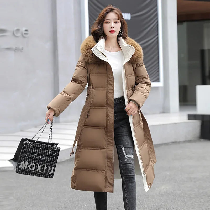 Women Parkas Hooded Belt Slim Fit Long Coats