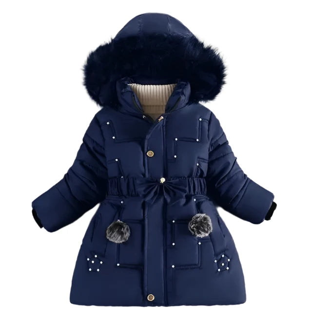 Girls Jacket Detachable Hat Plush Collar Hooded Padded Lining