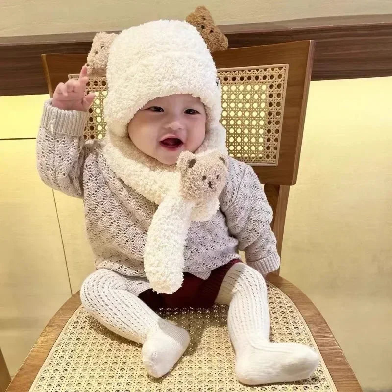 Baby and Child Super Cute Hat Winter Male and Female Baby Bear Hat Scarf