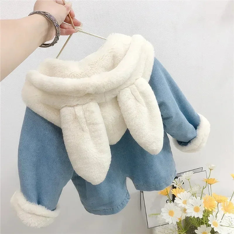 Cute Rabbit Ears Hooded Velvet Fur Jackets Outerwear Children Overcoat 1-6Y