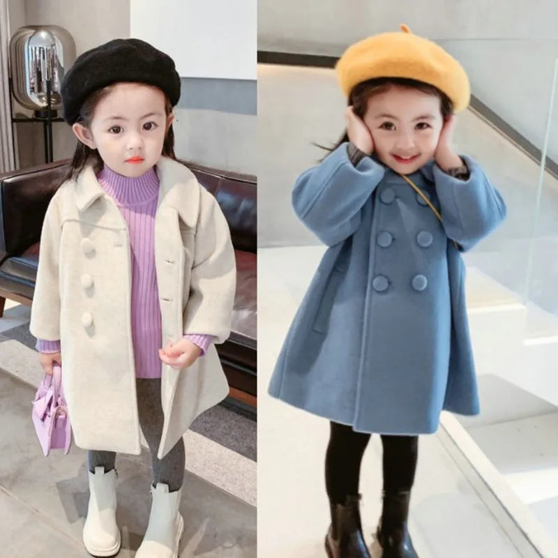 Girls Double Breasted Woolen Coats Autumn Winter Trench Jacket Coat Kids Outerwear