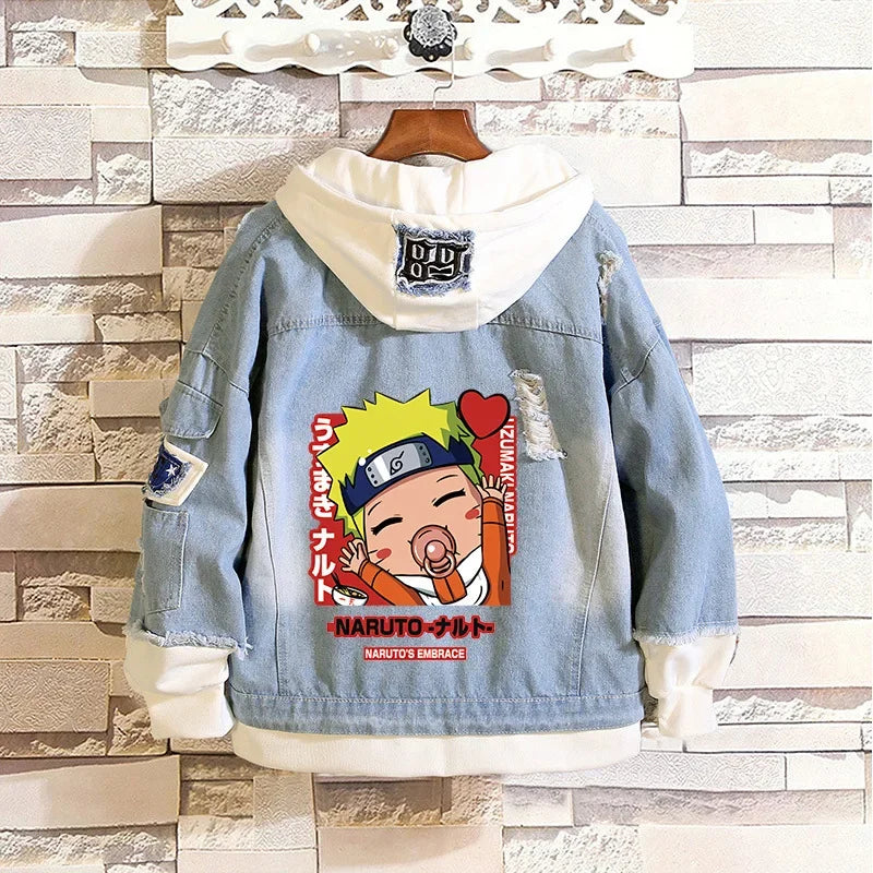 Anime Naruto Denim Bomber Jacket Sasuke Hooded Jeans Sweatshirt