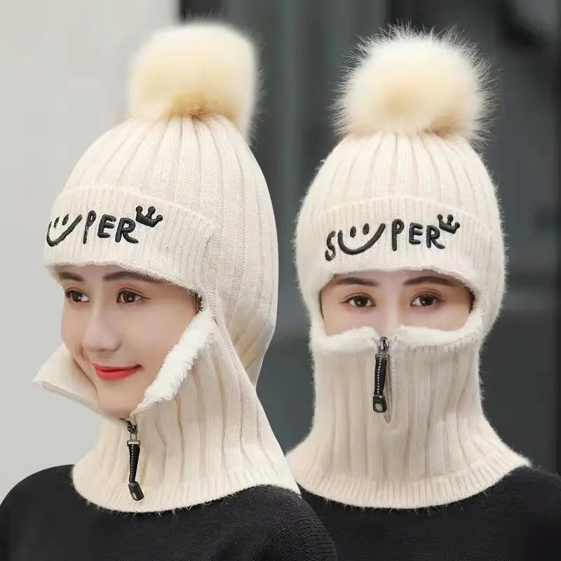 Coral Fleece Winter Women Earflaps Knitted Hats Women Zipper Scarf Keep Face Thick Warmer Balaclava Pompoms Caps