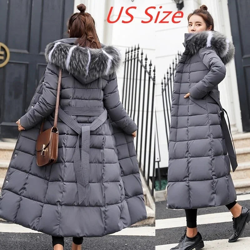 Bow Belt Fox Fur Collar Long Down Coat Women Outside Long Dress