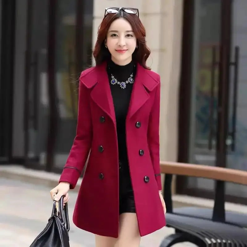 Autumn Winter Fashion Women Yellow Red Orange Wool Coat Double Breasted Coa