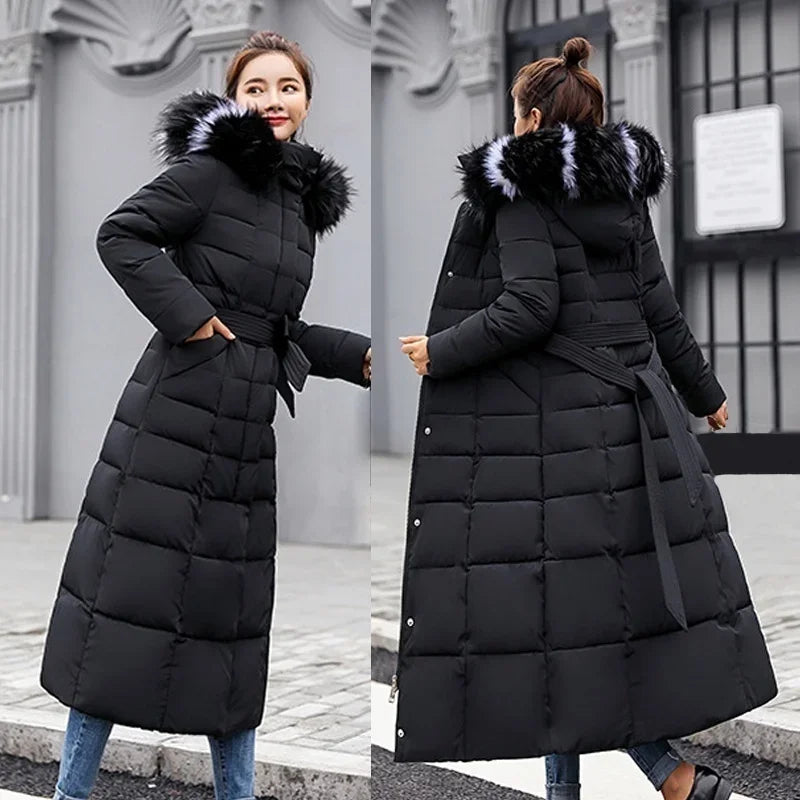 Bow Belt Fox Fur Collar Long Down Coat Women Outside Long Dress