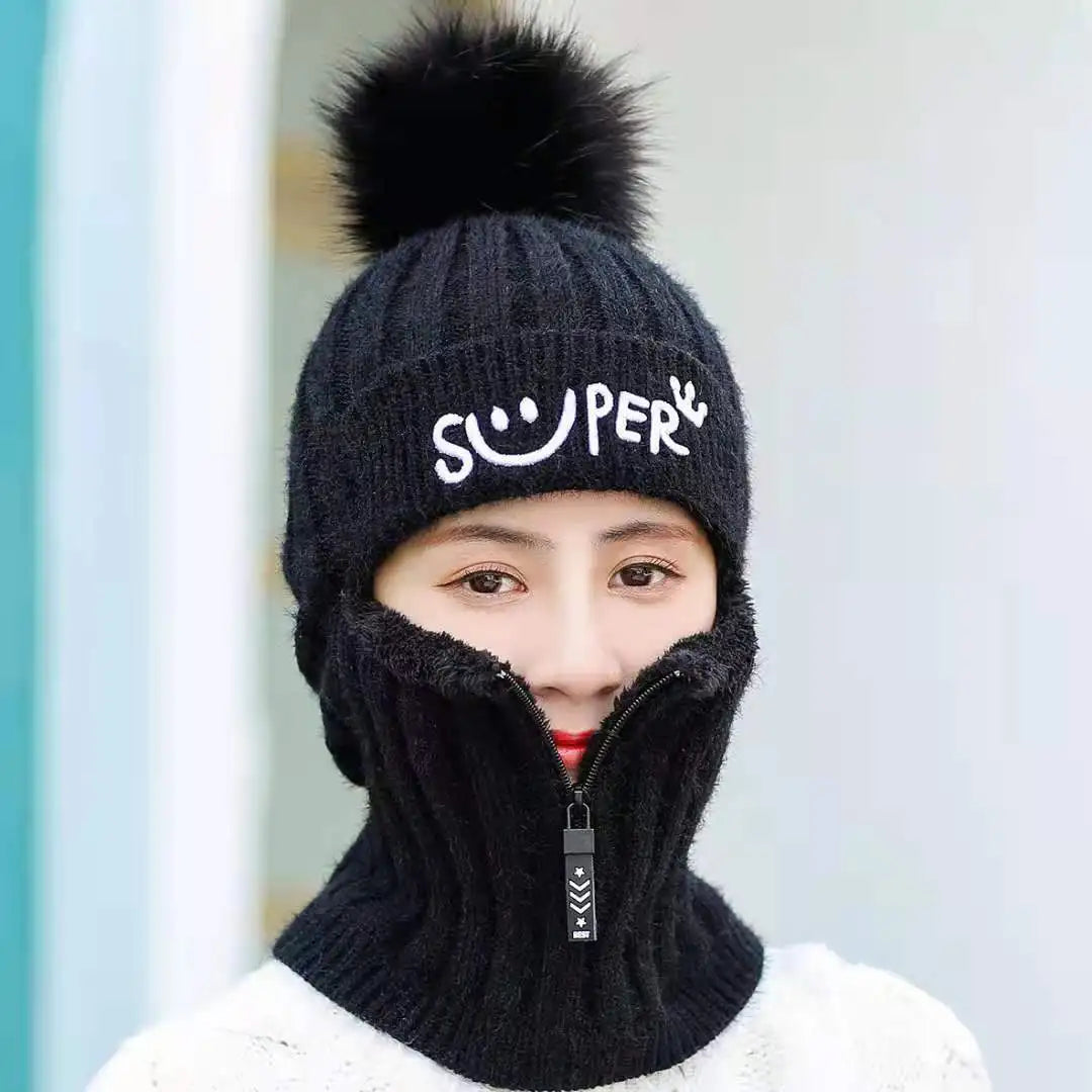 Coral Fleece Winter Women Earflaps Knitted Hats Women Zipper Scarf Keep Face Thick Warmer Balaclava Pompoms Caps