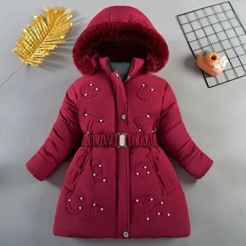 Long Hooded Coats For Girls Thick Warm Down Cotton Snowsuit