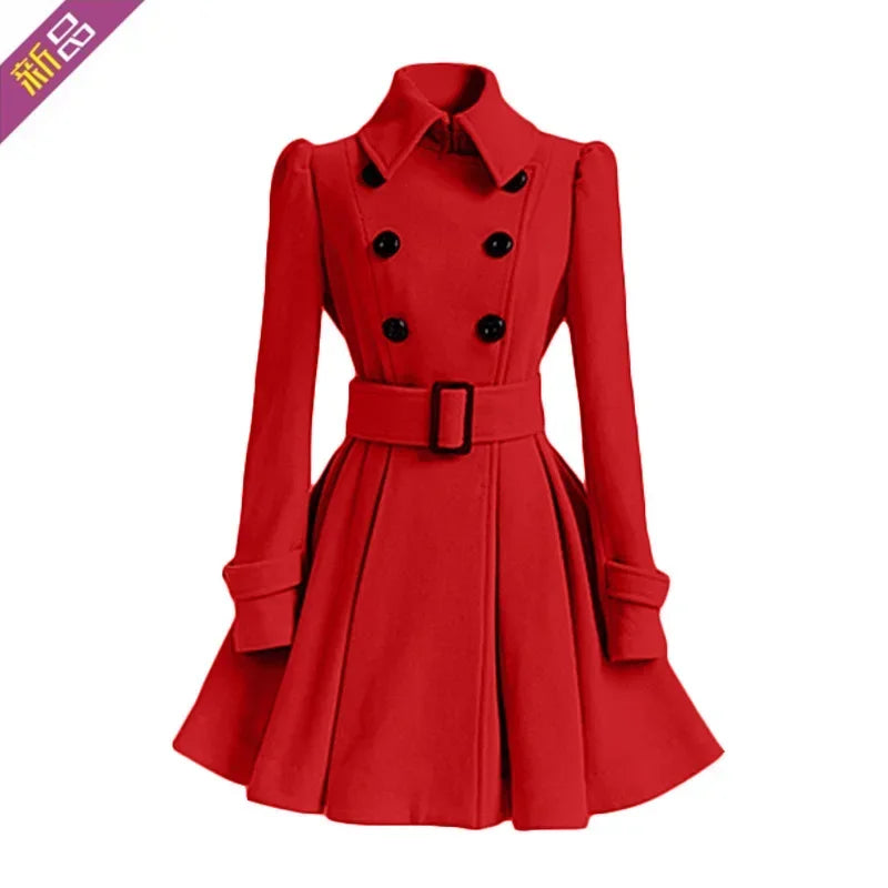 Overcoat Jacket Warm A-line Loose Hem Tight Waist Woolen Blends with Belt