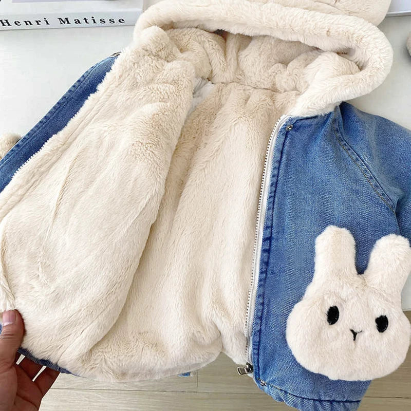 Cute Plush Rabbit Ears Hooded Coats For Girl Children Outerwear Clothing 2-8Y