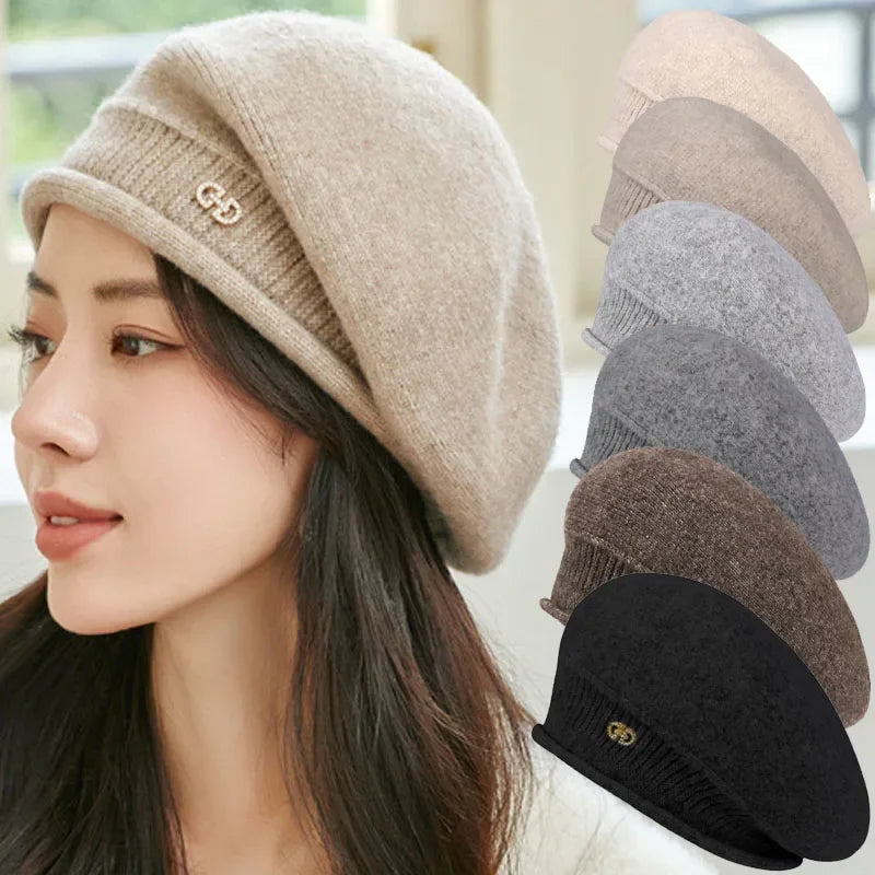 Women's Autumn and Winter Warm Elegant Wool Beret Fashion Versatile Knitted Japanese Artist Hat Cold Resistant British Style Hat