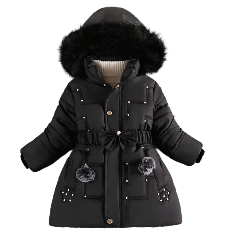 Girls Jacket Detachable Hat Plush Collar Hooded Padded Lining