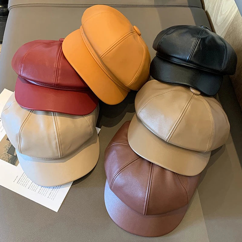 Women Men PU Leather Berets Winter Warm Octagonal Hats  Caps