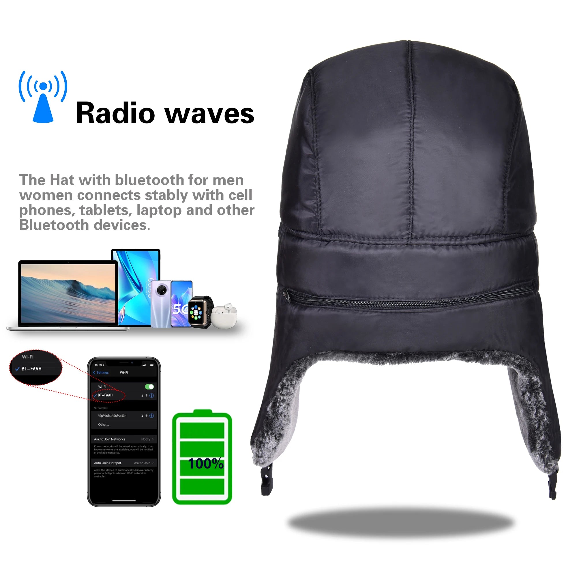 Winter Waterproof Wireless Hat with Bluetooth Headphones