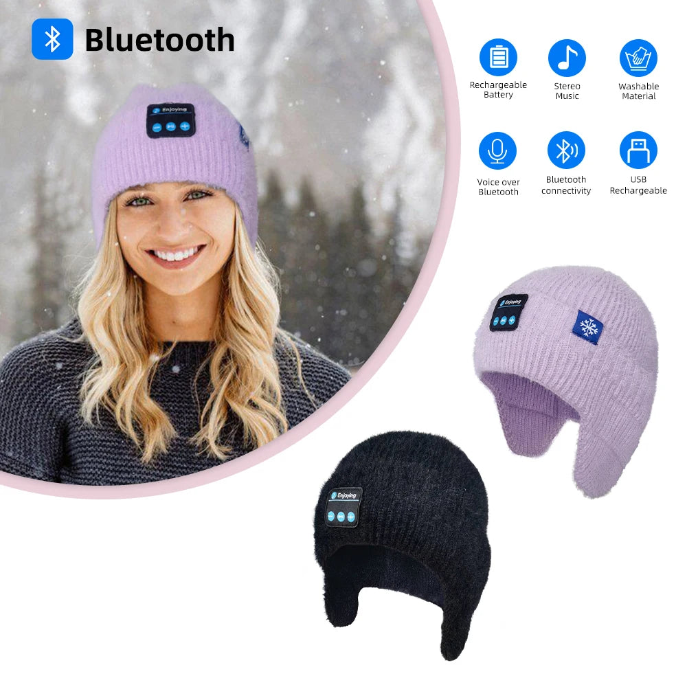 Men Women Winter Knit Hat with Ear Flaps Music Speaker Hat