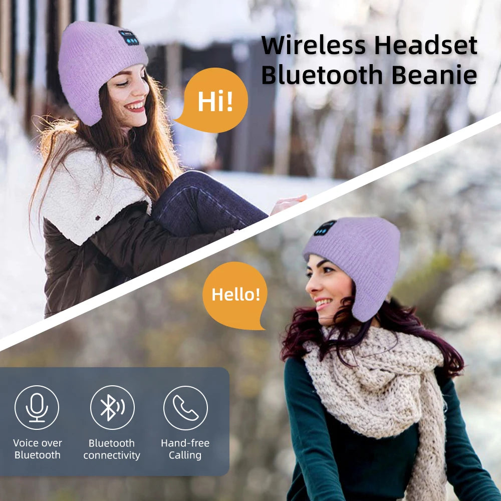 Men Women Winter Knit Hat with Ear Flaps Music Speaker Hat