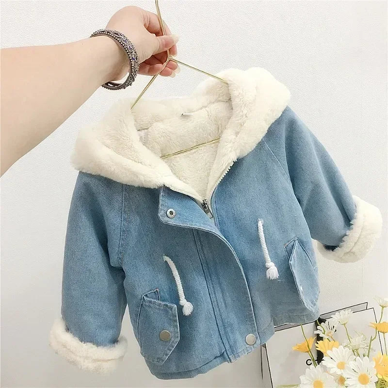 Cute Rabbit Ears Hooded Velvet Fur Jackets Outerwear Children Overcoat 1-6Y