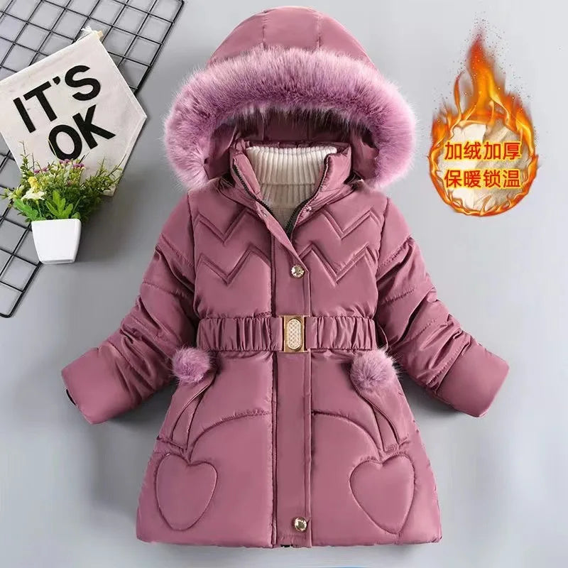 Kids Jacket Hooded Zipper Fur Collar Princess Outerwear