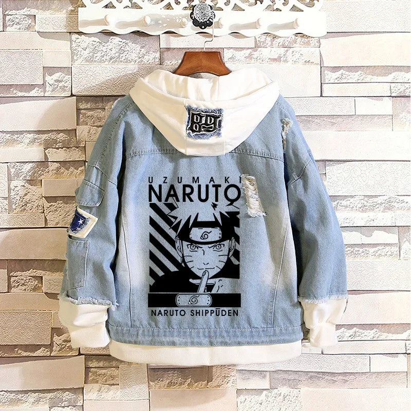 Anime Naruto Denim Bomber Jacket Sasuke Hooded Jeans Sweatshirt