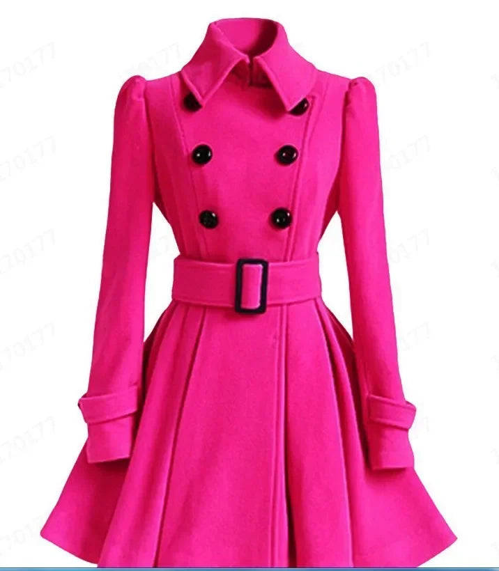 Overcoat Jacket Warm A-line Loose Hem Tight Waist Woolen Blends with Belt