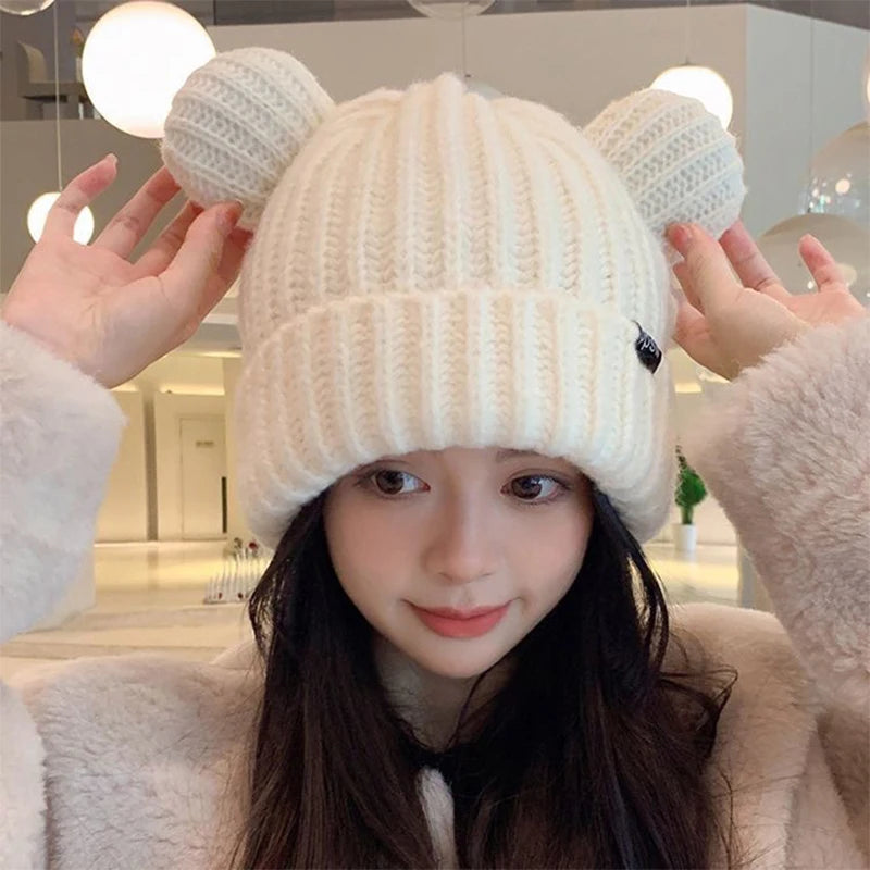 Autumn And Winter Cute Bear Ears Knitted Wool Hat