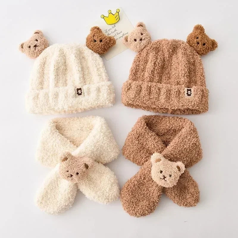 Baby and Child Super Cute Hat Winter Male and Female Baby Bear Hat Scarf