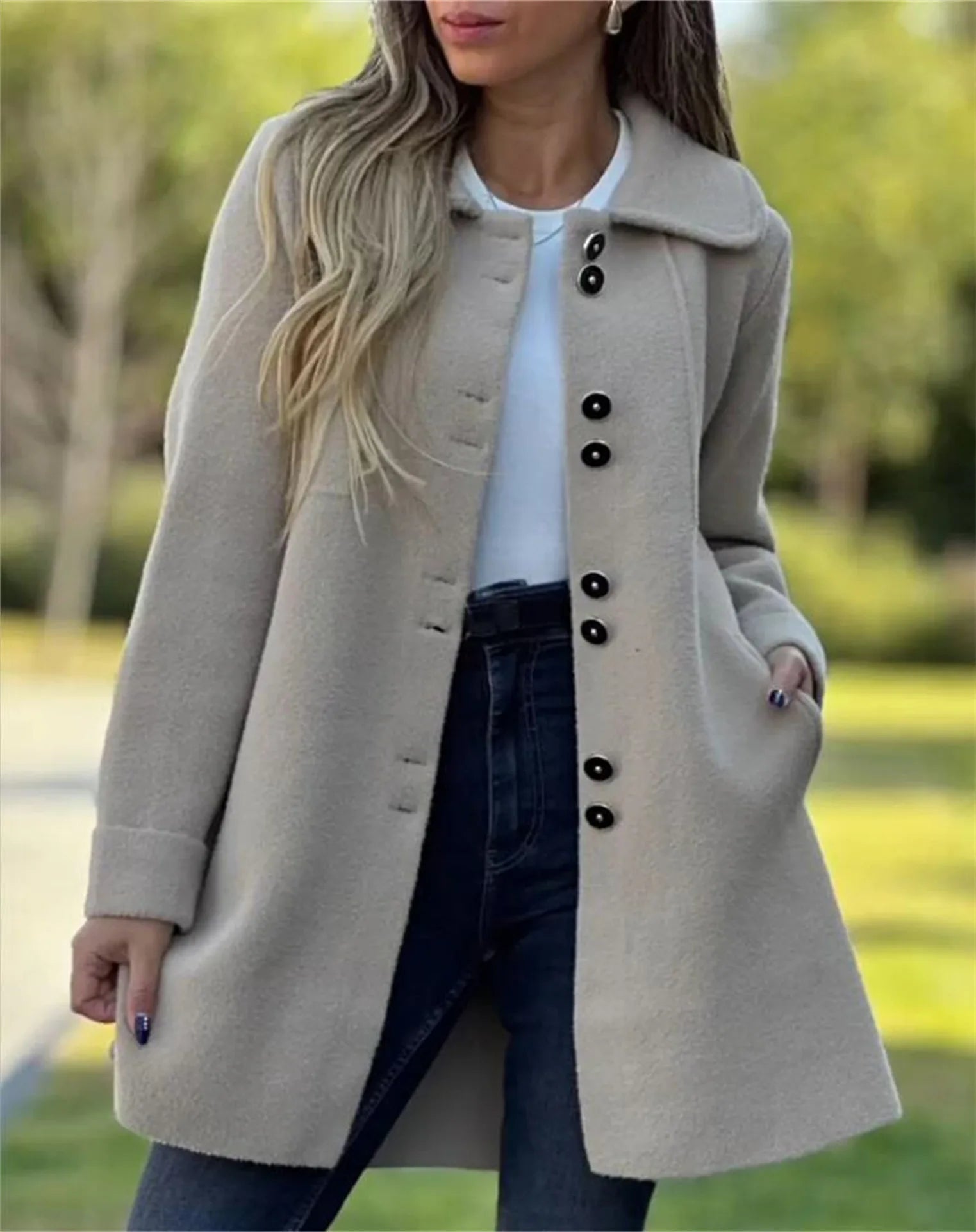 Long Sleeve Cardigan Sweater Solid Color Button Coat Elegant Pocket Loose Outwear