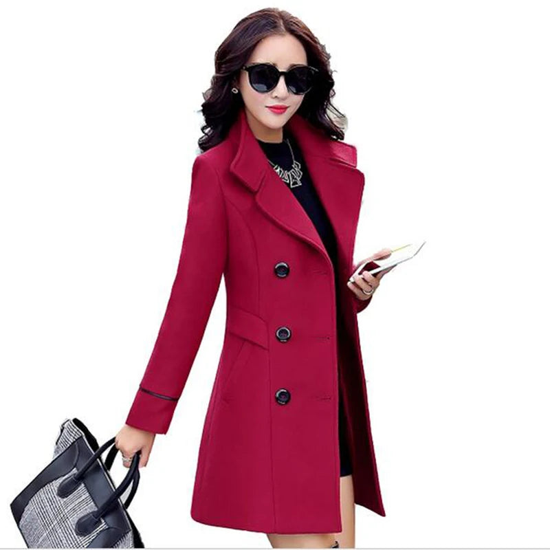 Autumn Winter Fashion Women Yellow Red Orange Wool Coat Double Breasted Coa