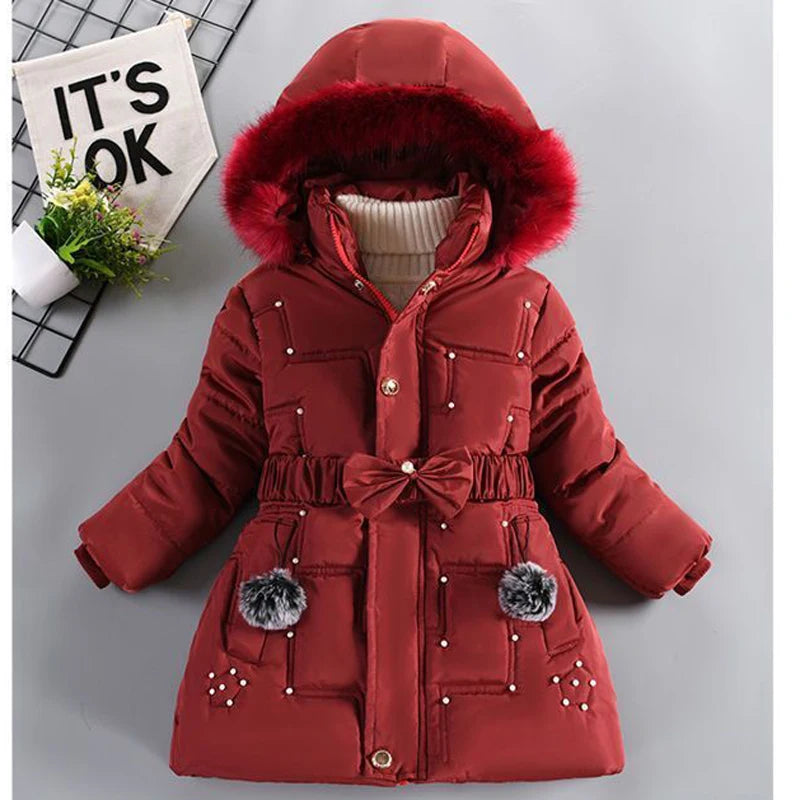 Girls Jacket Detachable Hat Plush Collar Hooded Padded Lining