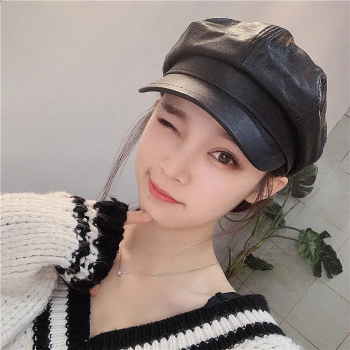 Women Men PU Leather Berets Winter Warm Octagonal Hats  Caps