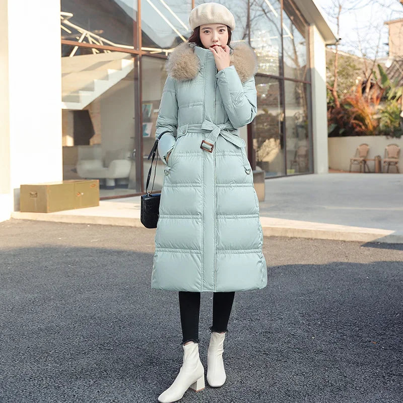 Women Parkas Hooded Belt Slim Fit Long Coats