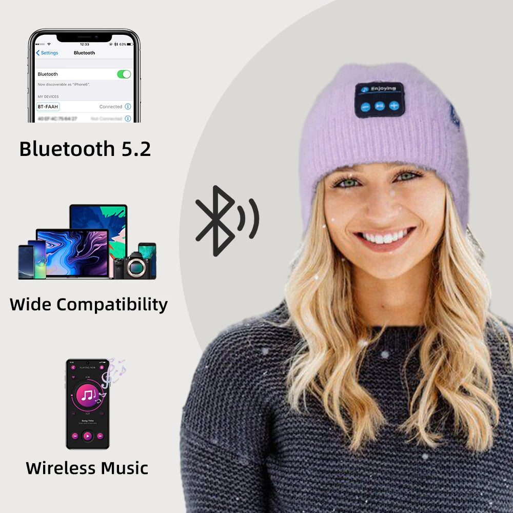 Men Women Winter Knit Hat with Ear Flaps Music Speaker Hat