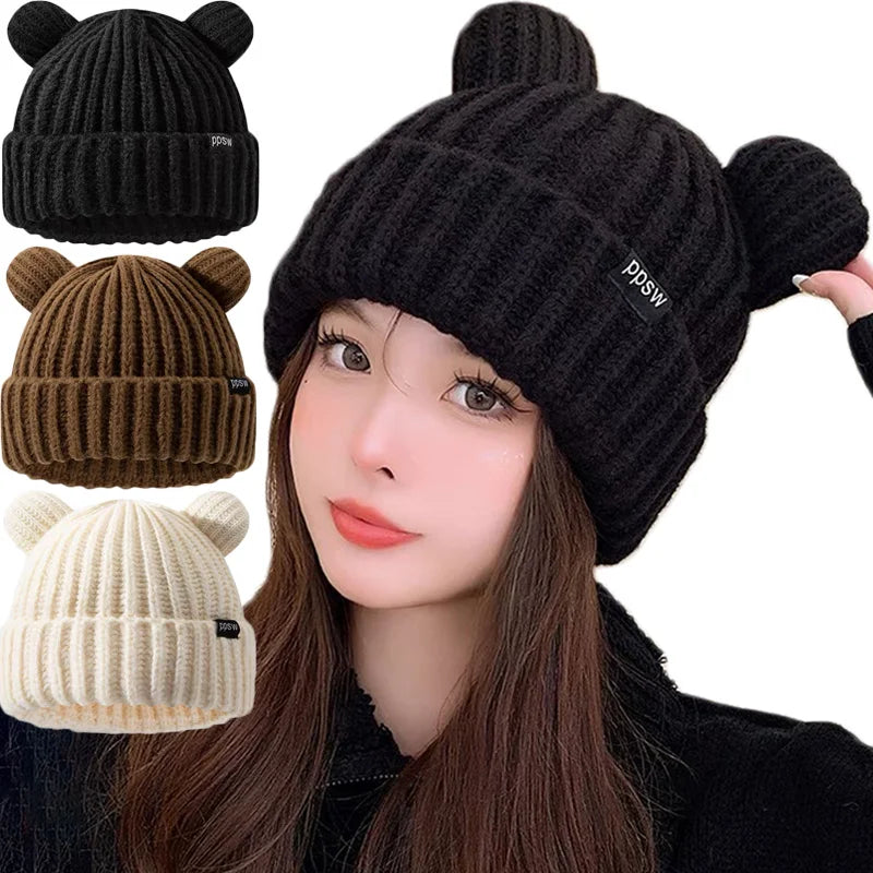 Cute Bear Ear Knitted Wool Hat for Winter