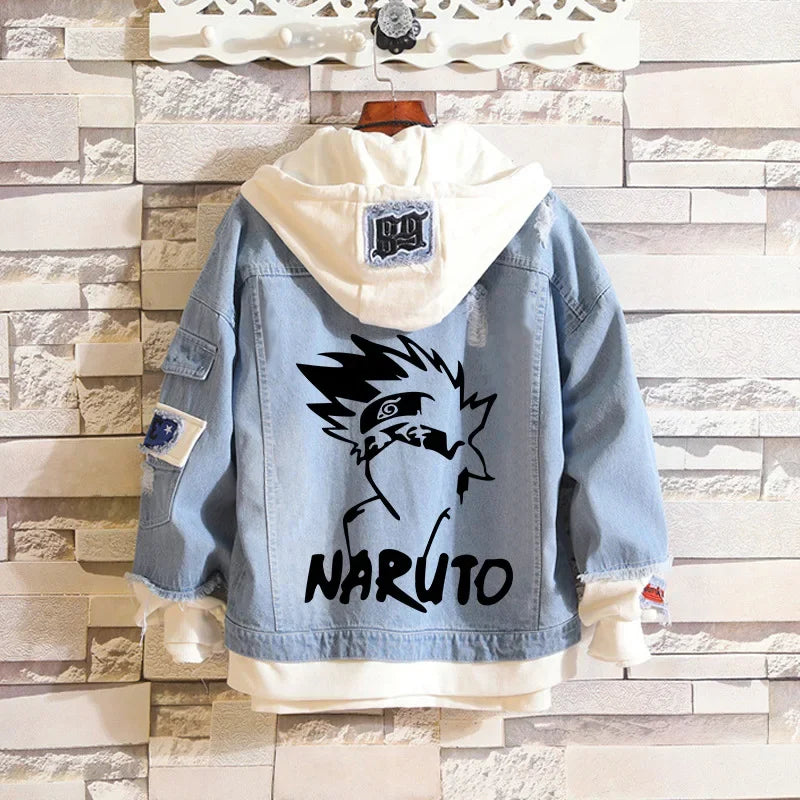 Anime Naruto Denim Bomber Jacket Sasuke Hooded Jeans Sweatshirt