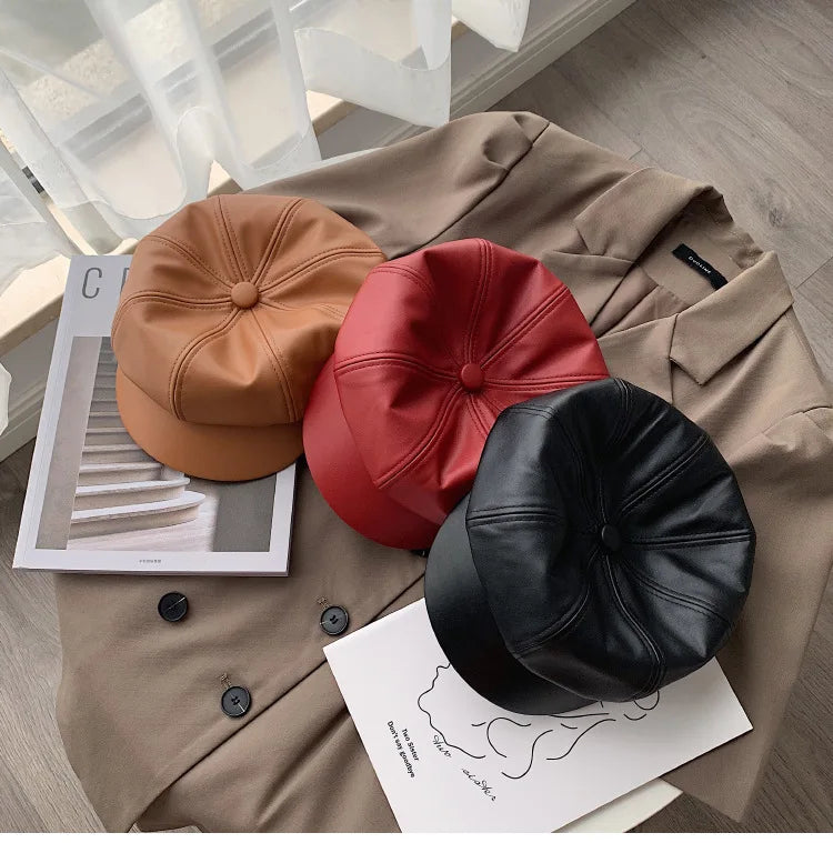 Women Men PU Leather Berets Winter Warm Octagonal Hats  Caps