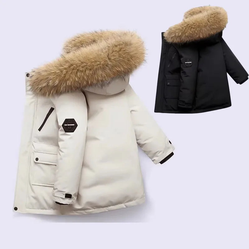 Warm Parkas Coat Boys Girls Fur Collar Hooded Cotton Clothes Outerwear