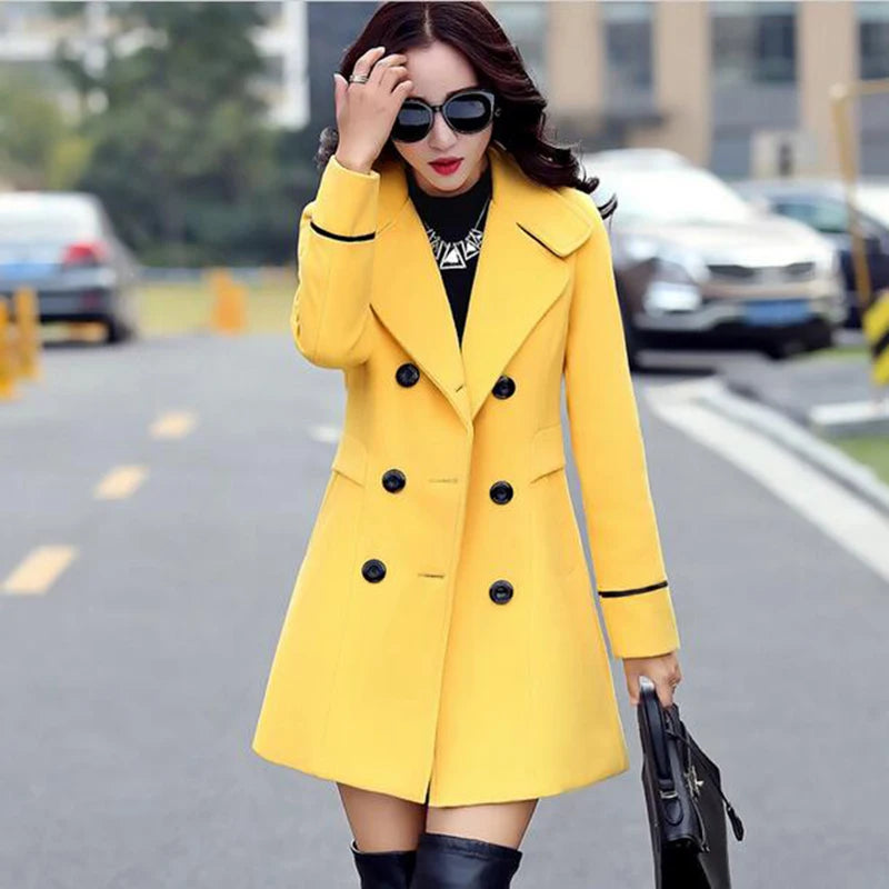 Autumn Winter Fashion Women Yellow Red Orange Wool Coat Double Breasted Coa