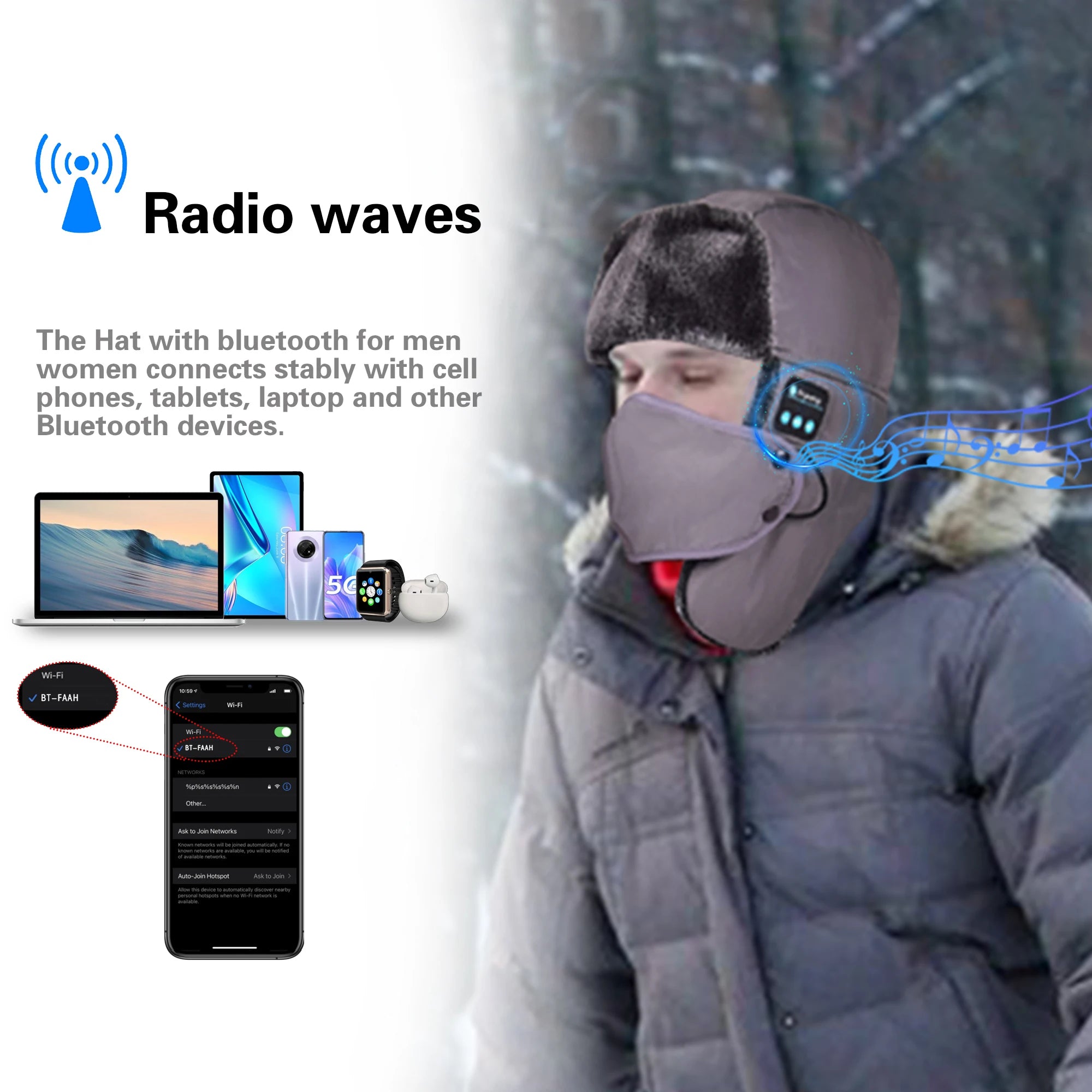 Winter Waterproof Wireless Hat with Bluetooth Headphones