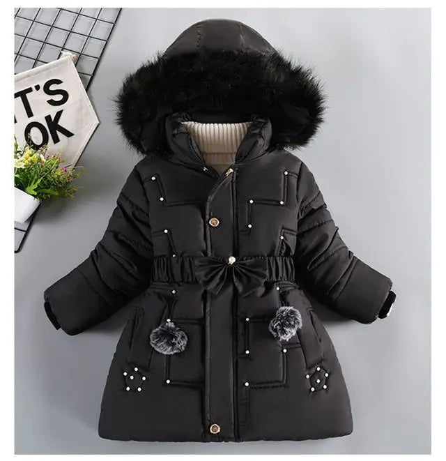 Girls Jacket Detachable Hat Plush Collar Hooded Padded Lining