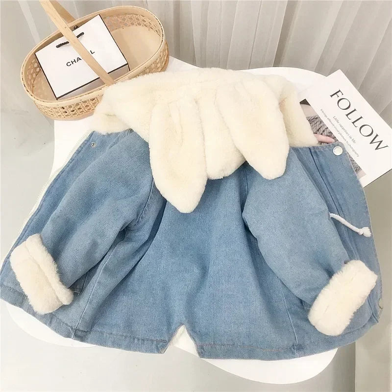 Cute Rabbit Ears Hooded Velvet Fur Jackets Outerwear Children Overcoat 1-6Y